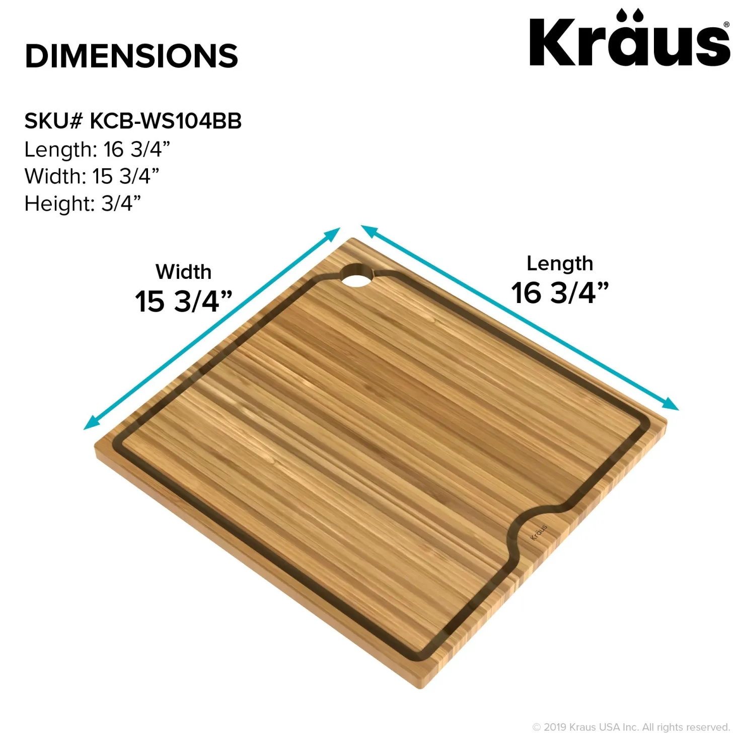 KRAUS Workstation Kitchen Sink 16" Solid Bamboo Cutting Board