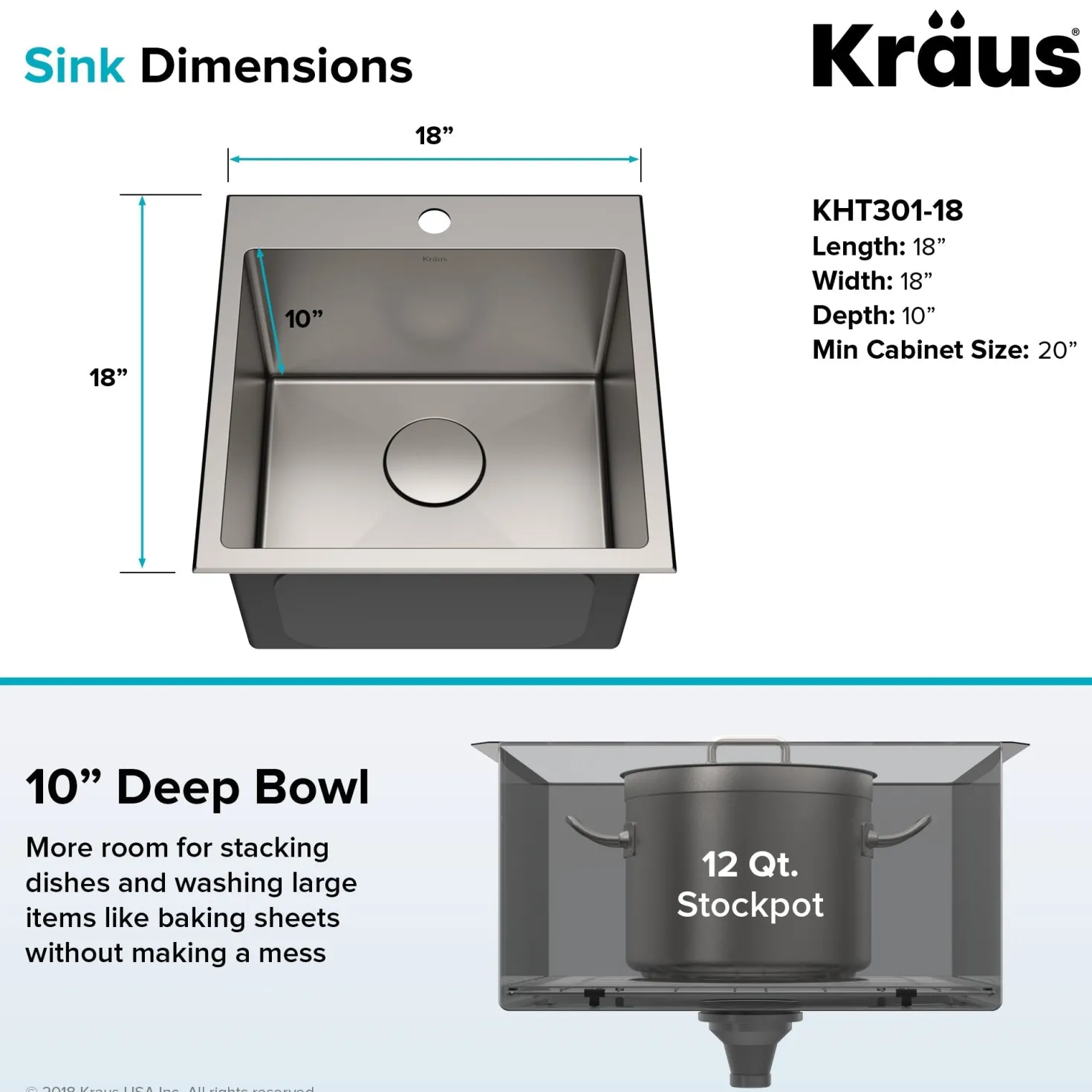 KRAUS 18" x 18" Drop-In 16 Gauge Single Bowl Stainless Steel Bar Sink