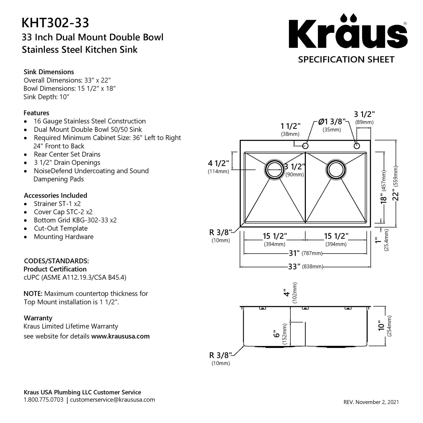 KRAUS 33 x 22 inch Standart PRO Drop-In 16 Gauge Double Bowl 2-Hole Stainless Steel Kitchen Sink