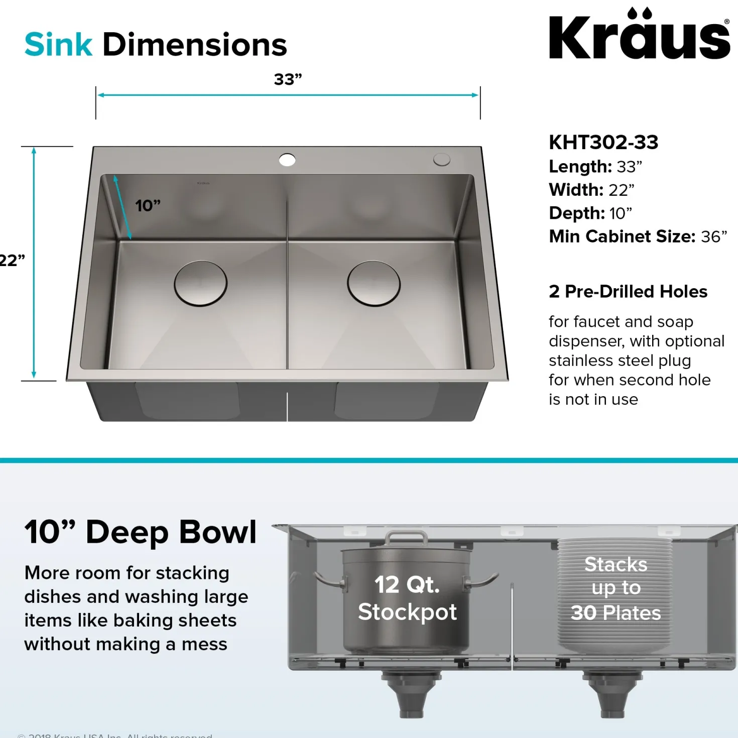 KRAUS 33 x 22 inch Standart PRO Drop-In 16 Gauge Double Bowl 2-Hole Stainless Steel Kitchen Sink