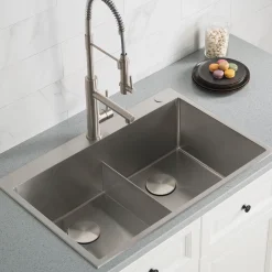 KRAUS 33 x 22 inch Standart PRO Drop-In 16 Gauge Double Bowl 2-Hole Stainless Steel Kitchen Sink