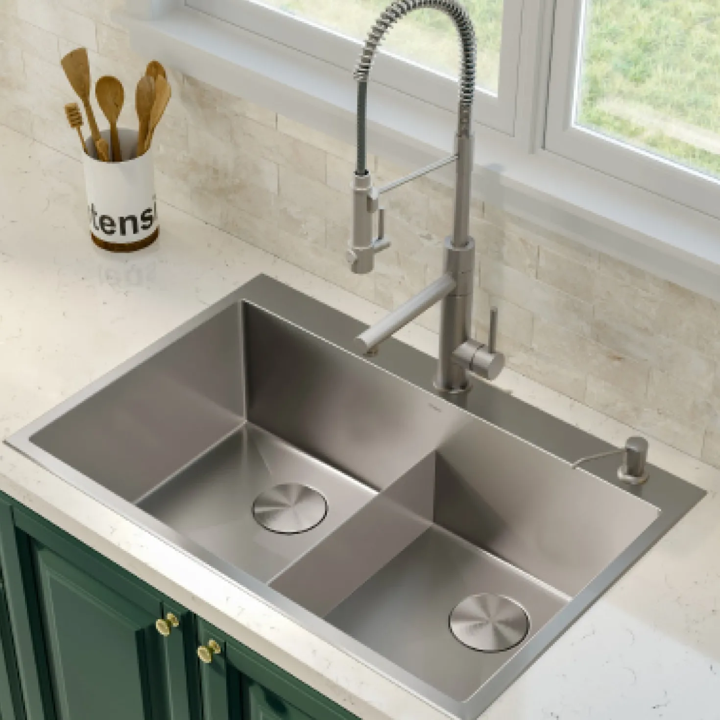 KRAUS 33 x 22 inch Standart PRO Drop-In 16 Gauge Double Bowl 2-Hole Stainless Steel Kitchen Sink