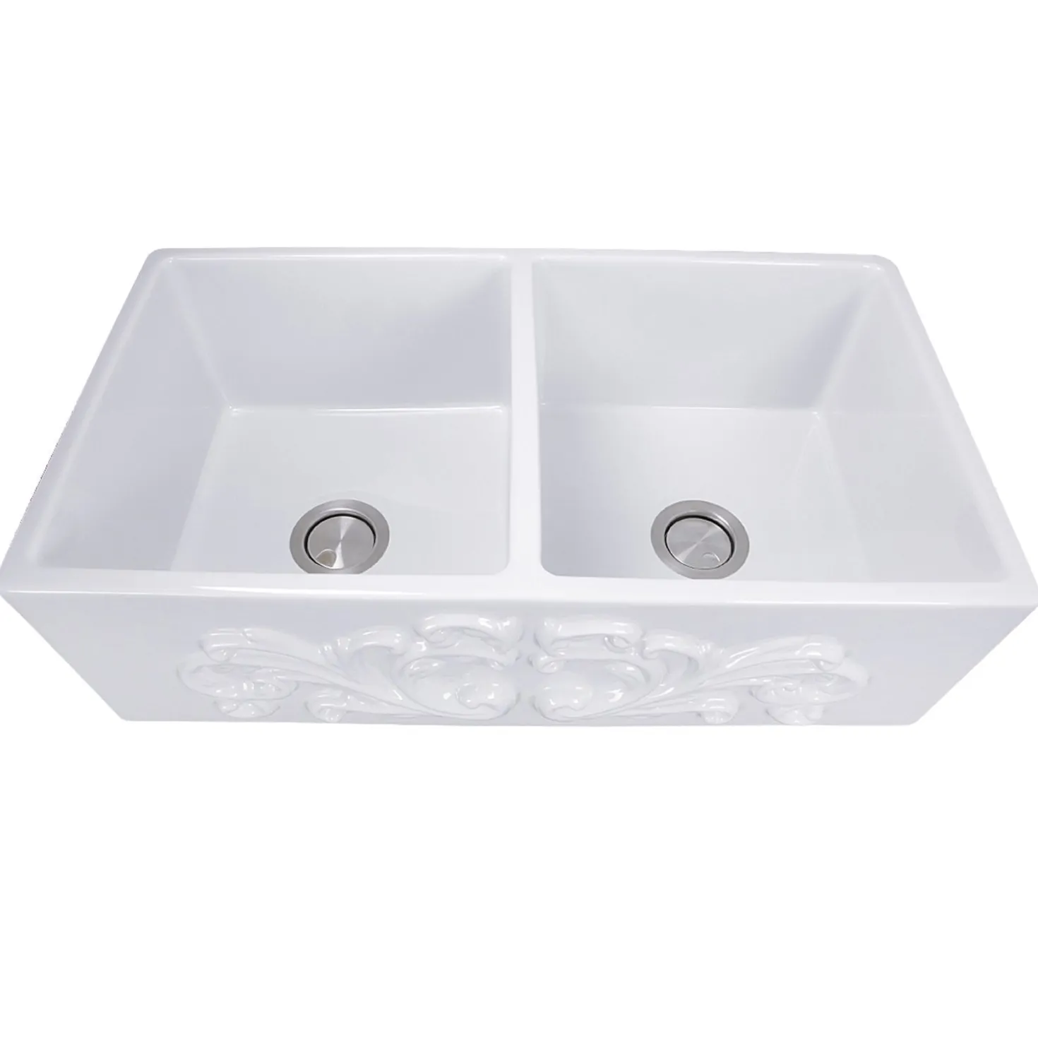 Nantucket Sinks Double Bowl Farmhouse Fireclay Sink with Filigree Apron