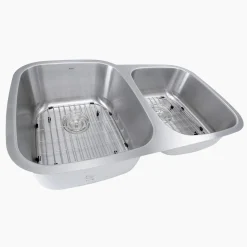 Nantucket Sinks 60/40 Double Bowl 16 Gauge Kitchen Sink with Cutting Board, Grids and Colander Drains