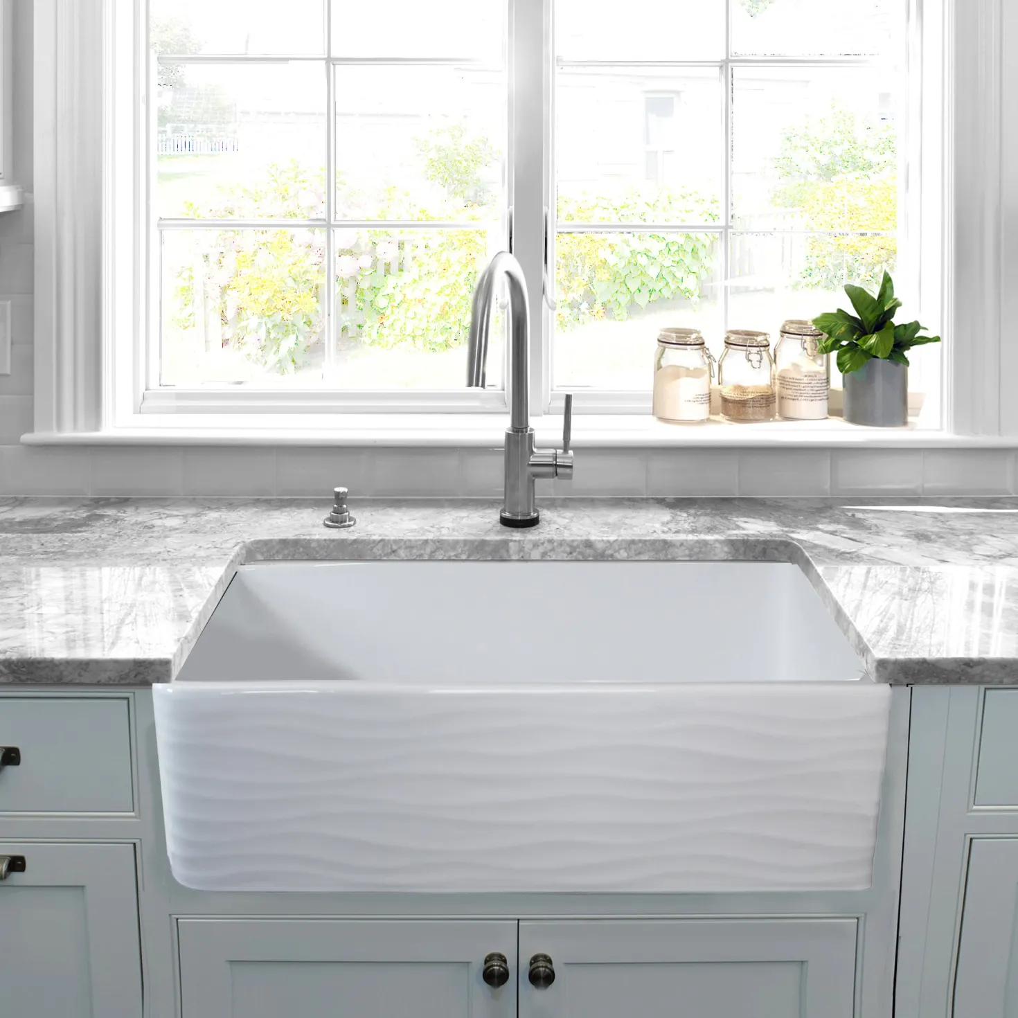Nantucket Sinks 33" Farmhouse Fireclay Sink with Waves Apron