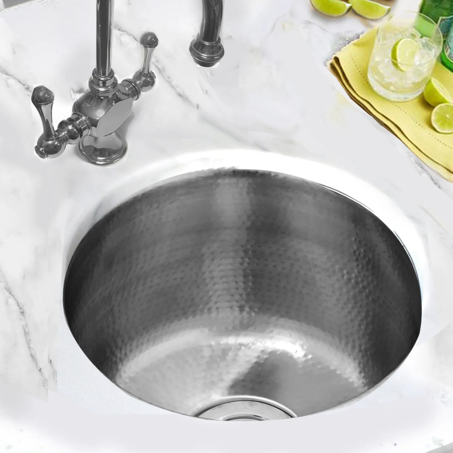 Nantucket Sinks 15" Hand Hammered Round Stainless Steel Bar Sink Satin Matte Finish