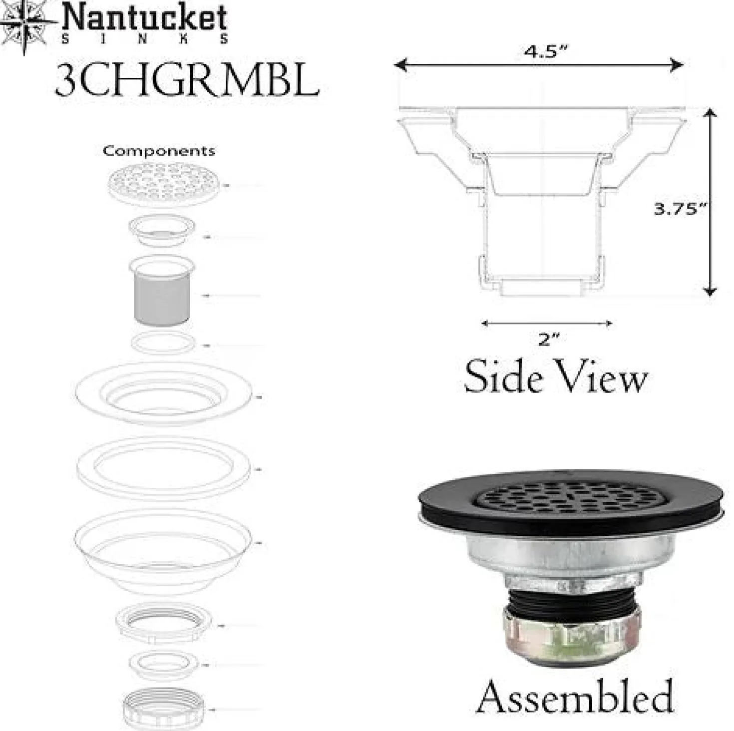 Nantucket Sinks 3-Inch Utility Sink Grid Drain | Matte Black