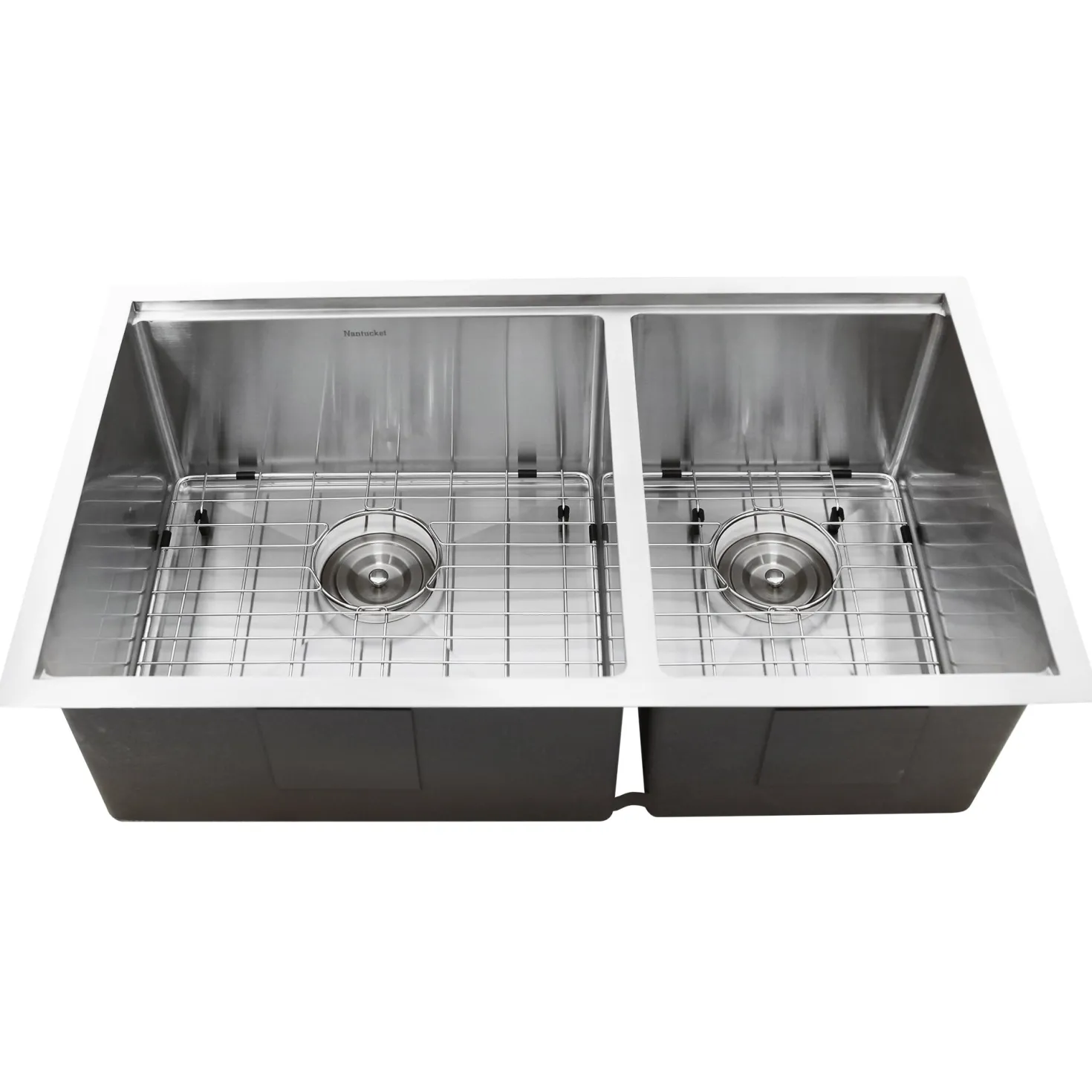 Nantucket Sinks SR-PS-3219-OS-16 Offset Double Bowl Workstation Small Radius Undermount Stainless Sink with Accessories