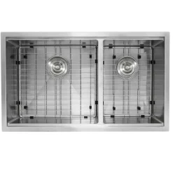Nantucket Sinks SR-PS-3219-OS-16 Offset Double Bowl Workstation Small Radius Undermount Stainless Sink with Accessories
