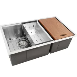 Nantucket Sinks SR-PS-3219-OS-16 Offset Double Bowl Workstation Small Radius Undermount Stainless Sink with Accessories