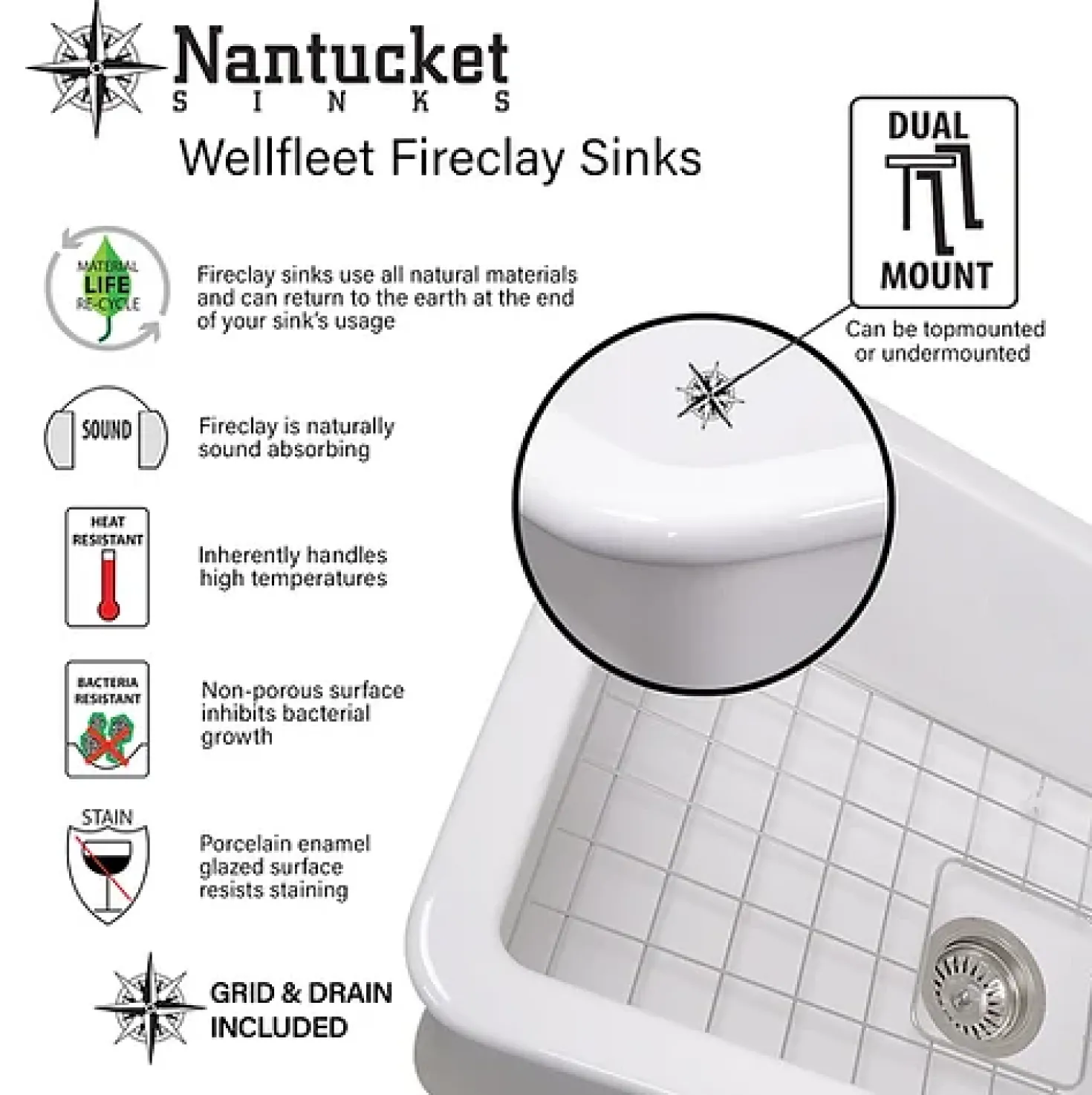 Nantucket Sinks 18" Undermount Fireclay Kitchen Sink Wellfleet-1818W