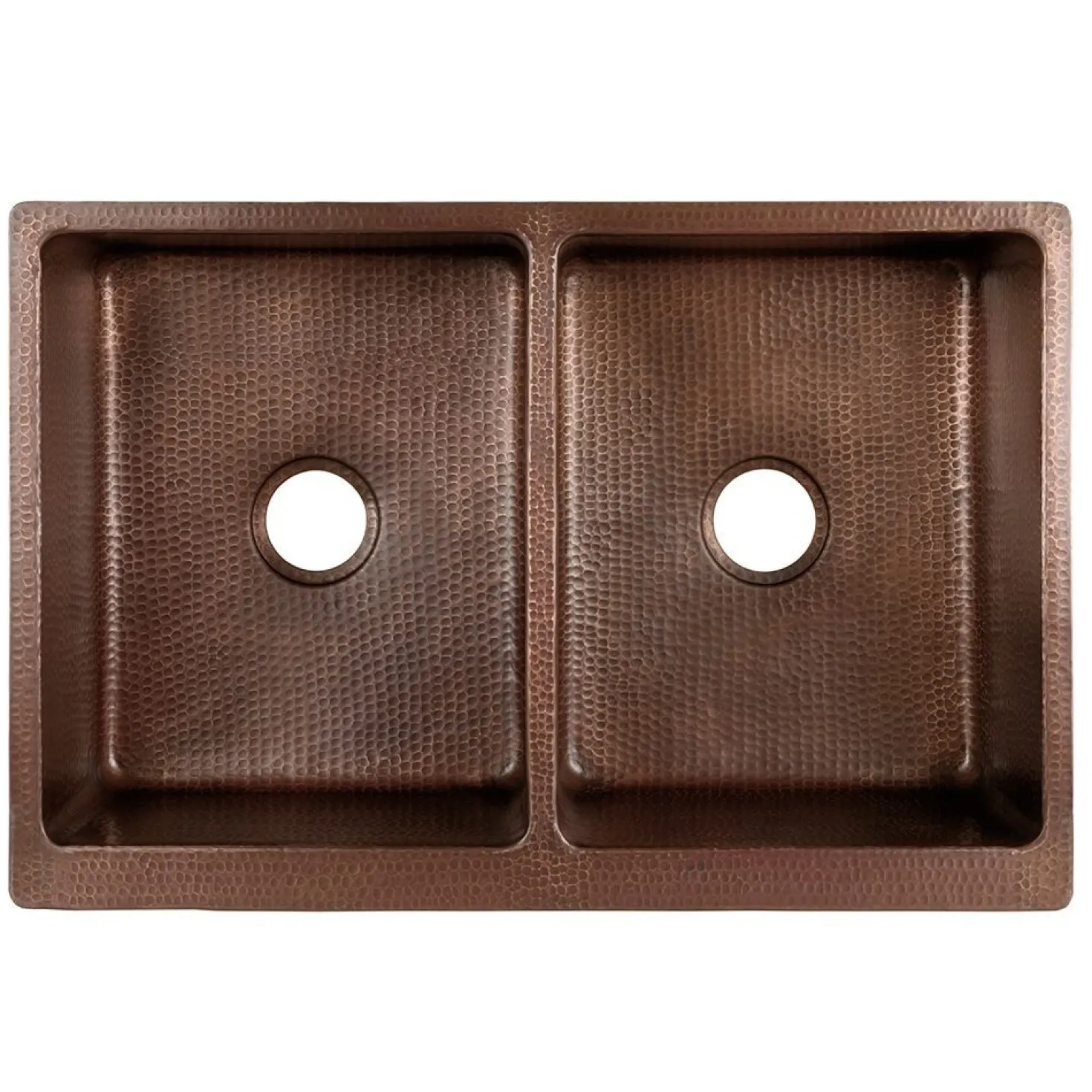 Premier Copper Products 33" Antique Hammered Copper Kitchen Apron 50/50 Double Basin Sink