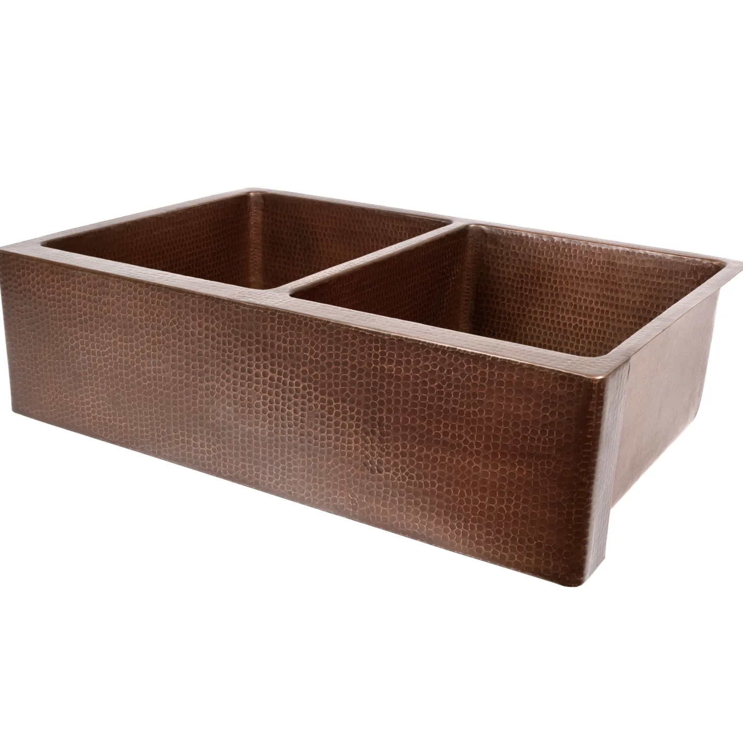 Premier Copper Products 33" Antique Hammered Copper Kitchen Apron 50/50 Double Basin Sink