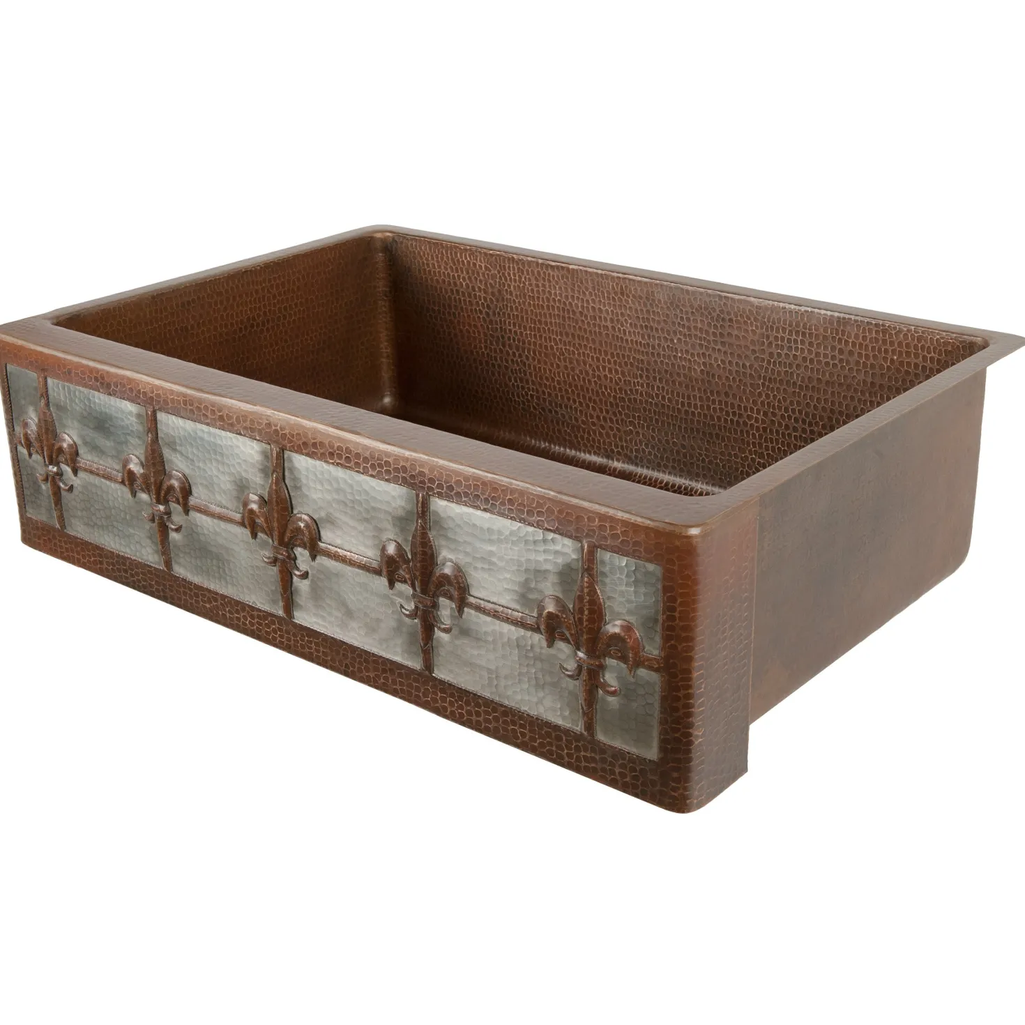 Premier Copper Products 33" Hammered Copper Kitchen Apron Single Basin Sink with Fleur De Lis Design and Apron Front Nickel Background