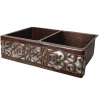 Premier Copper Products 33" Hammered Copper Kitchen Apron 50/50 Double Basin Sink with Scroll Design and Apron Front Nickel Background