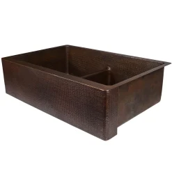 Premier Copper Products 33" Hammered Copper Kitchen Apron 50/50 Double Basin Sink with Short 5" Divider