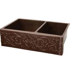 Premier Copper Products 33" Hammered Copper Kitchen Apron 60/40 Double Basin Sink with Scroll Design