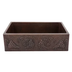 Premier Copper Products 33" Hammered Copper Kitchen Apron Single Basin Sink with Vineyard Design