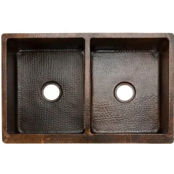 Premier Copper Products 33" Hammered Copper Kitchen Apron 50/50 Double Basin Sink