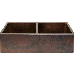 Premier Copper Products 33" Hammered Copper Kitchen Apron 50/50 Double Basin Sink