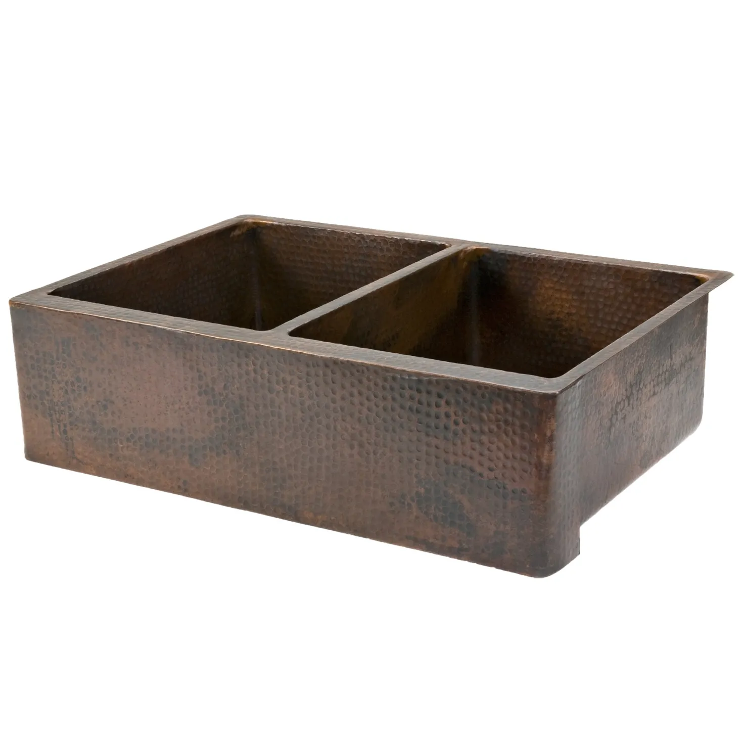 Premier Copper Products 33" Hammered Copper Kitchen Apron 50/50 Double Basin Sink