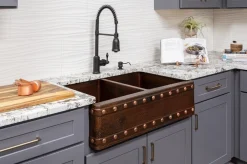 Premier Copper Products 33" Hammered Copper Kitchen Apron 50/50 Double Basin Sink with Barrel Strap Design