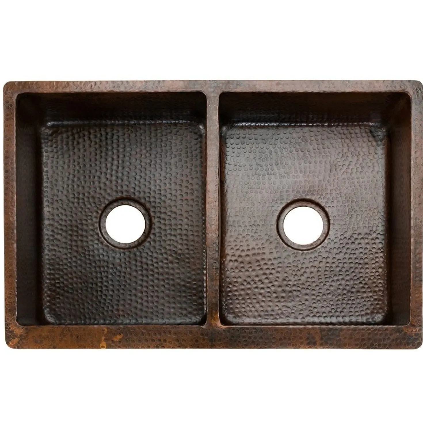 Premier Copper Products 33" Hammered Copper Kitchen Apron 50/50 Double Basin Sink with Barrel Strap Design