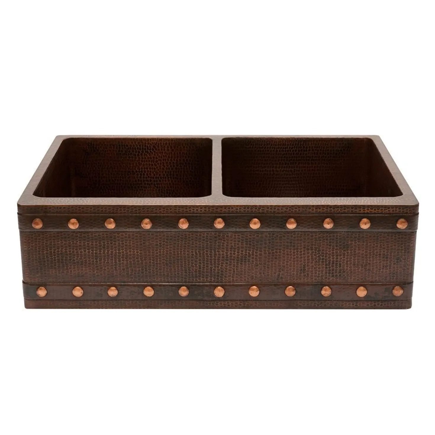 Premier Copper Products 33" Hammered Copper Kitchen Apron 50/50 Double Basin Sink with Barrel Strap Design