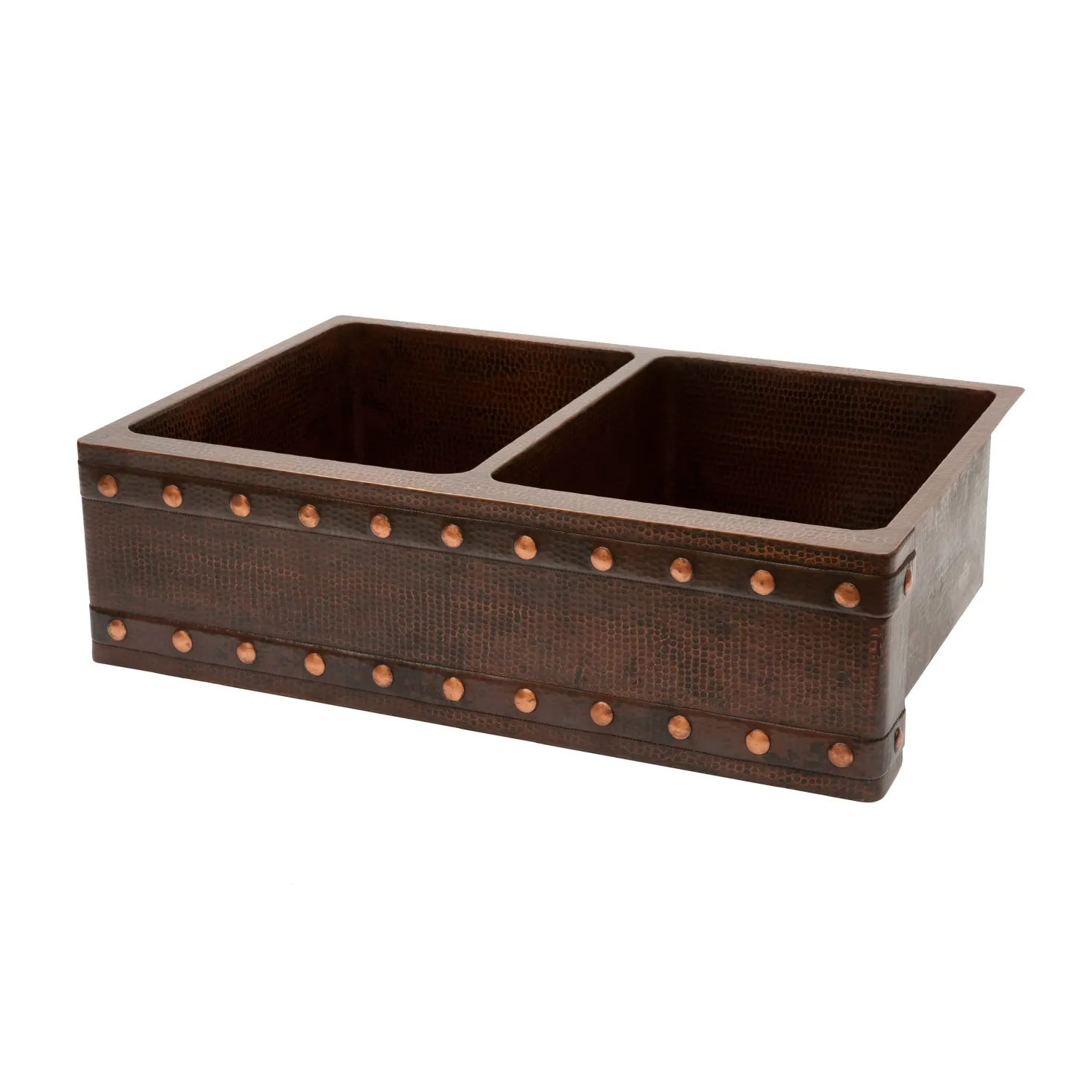 Premier Copper Products 33" Hammered Copper Kitchen Apron 50/50 Double Basin Sink with Barrel Strap Design