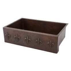 Premier Copper Products 33" Hammered Copper Kitchen Apron Single Basin Sink with Fleur De Lis