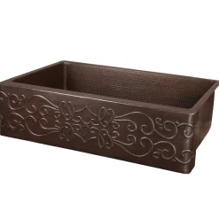 Premier Copper Products 33" Hammered Copper Kitchen Apron Single Basin Sink with Scroll Design