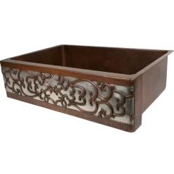 Premier Copper Products 33" Hammered Copper Kitchen Apron Single Basin Sink with Scroll Design and Apron Front Nickel Background