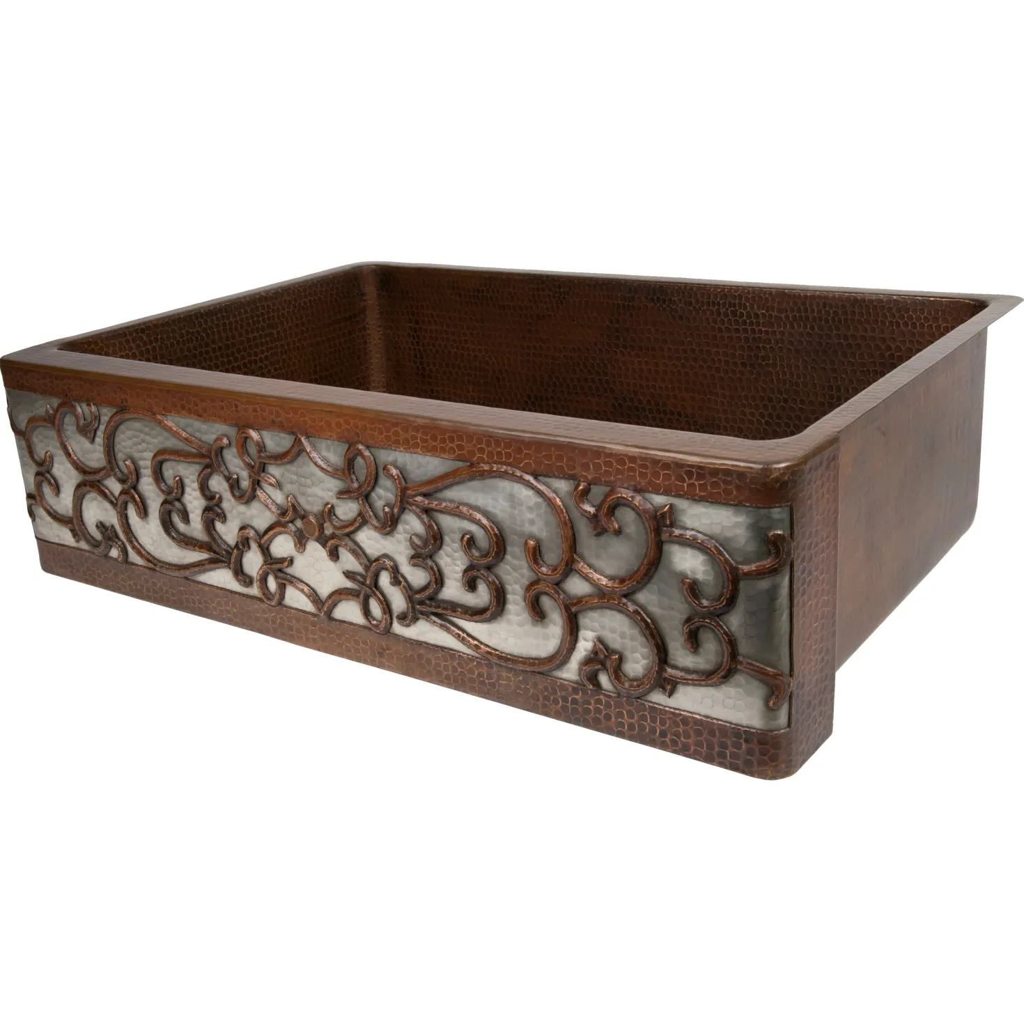 Premier Copper Products 33" Hammered Copper Kitchen Apron Single Basin Sink with Scroll Design and Apron Front Nickel Background