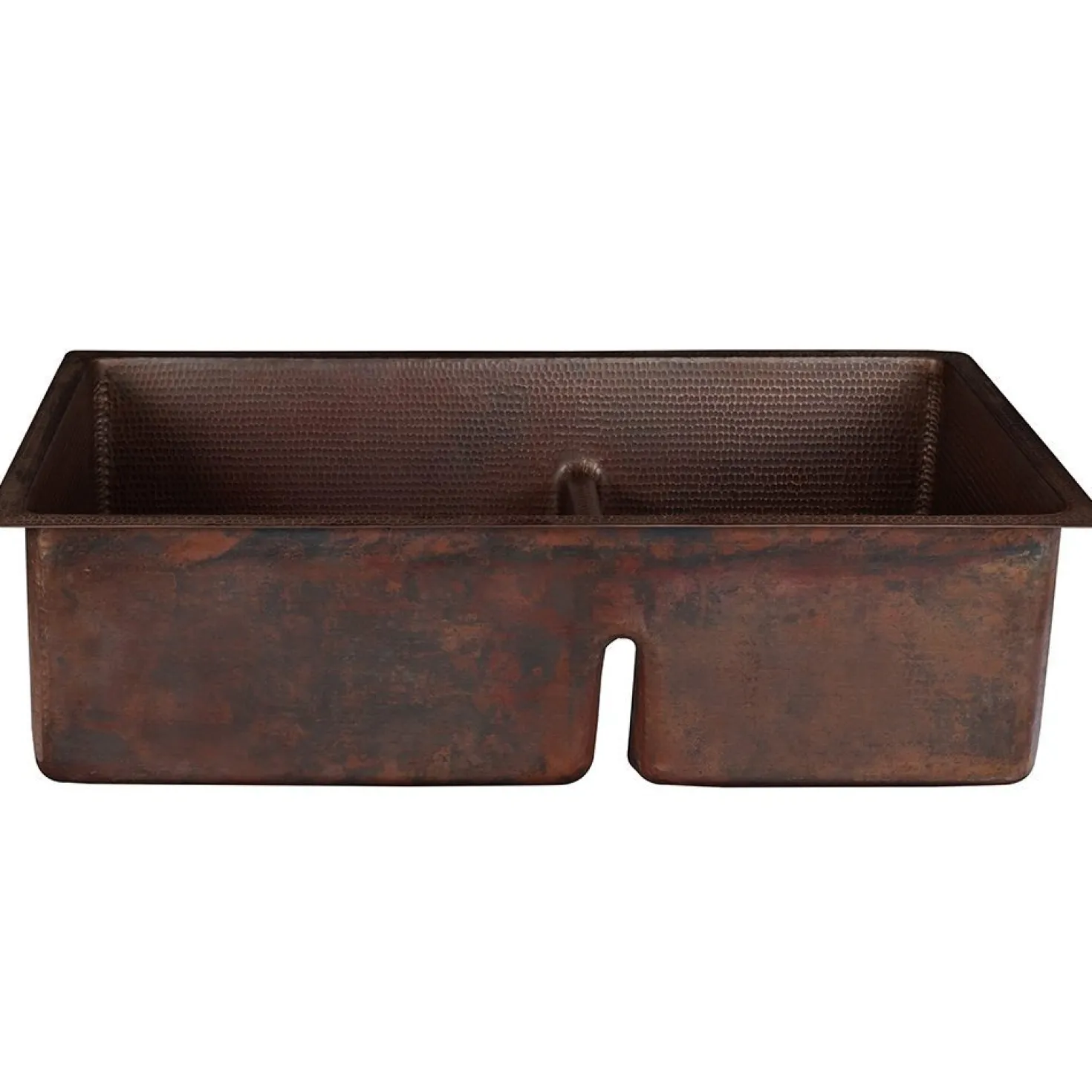 Premier Copper Products 33" Hammered Copper Kitchen 60/40 Double Basin Sink with Short 5" Divider