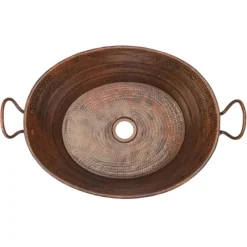 Premier Copper Products Oval Bucket Vessel Hammered Copper Sink with Handles