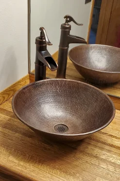 Premier Copper Products 15" Round Wired Rim Vessel Hammered Copper Sink