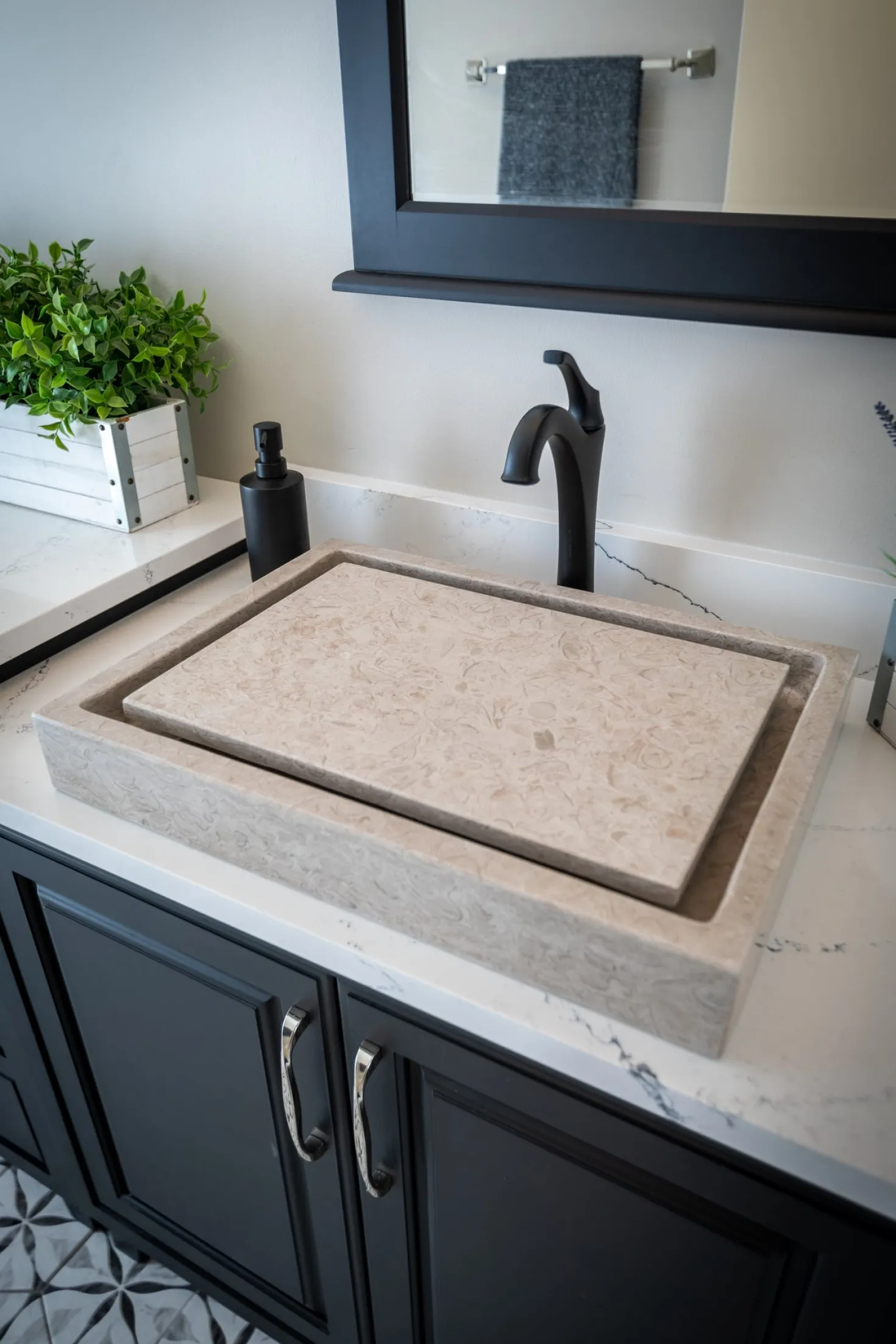 Rectangular Infinity Pool Sink in Polished Penny Grey Marble