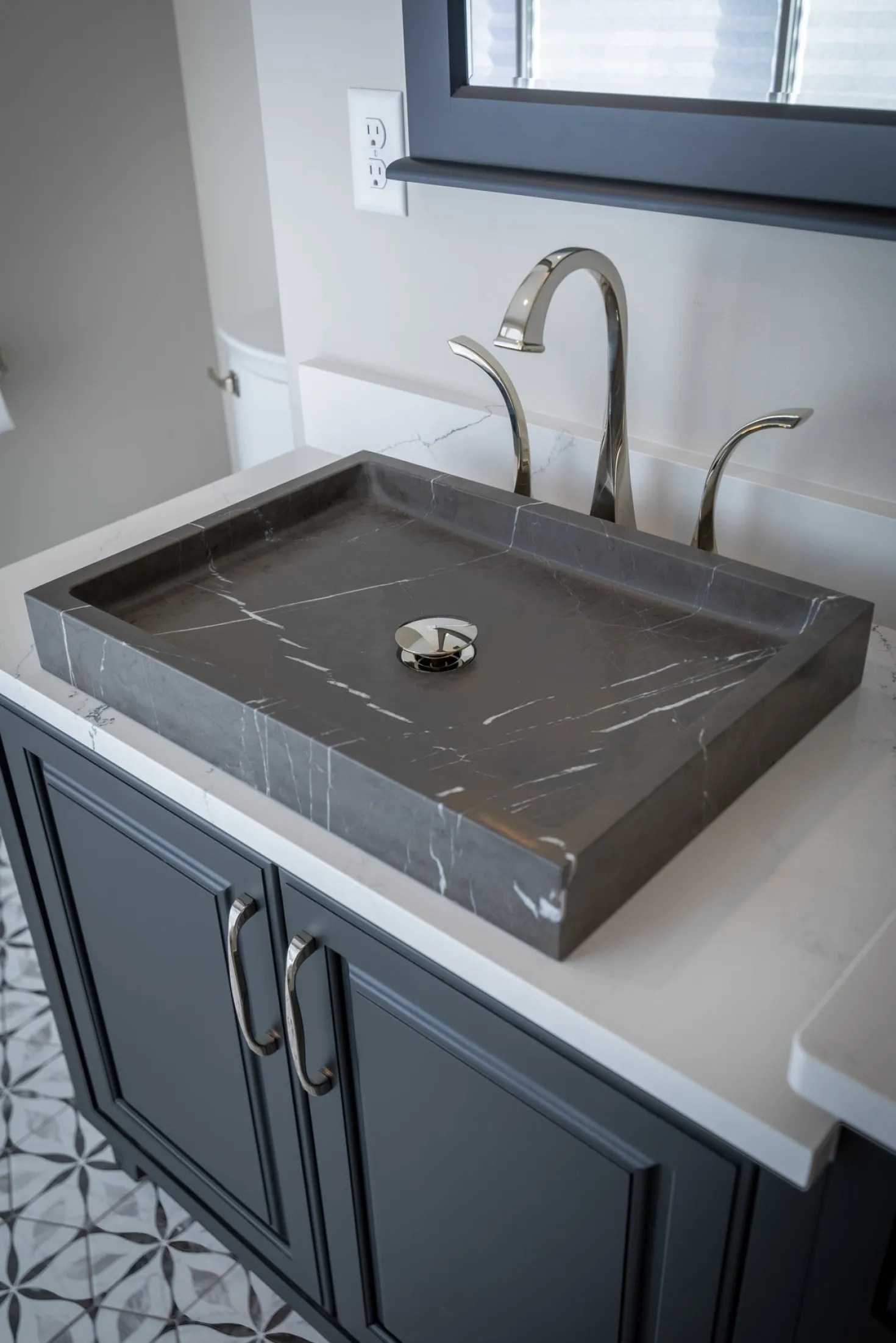 Rectangular Vessel Sink in Honed Pietra Grey Marble