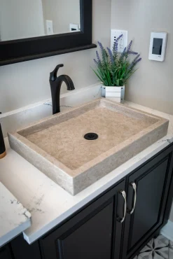 Rectangular Vessel Sink in Polished Penny Grey Marble