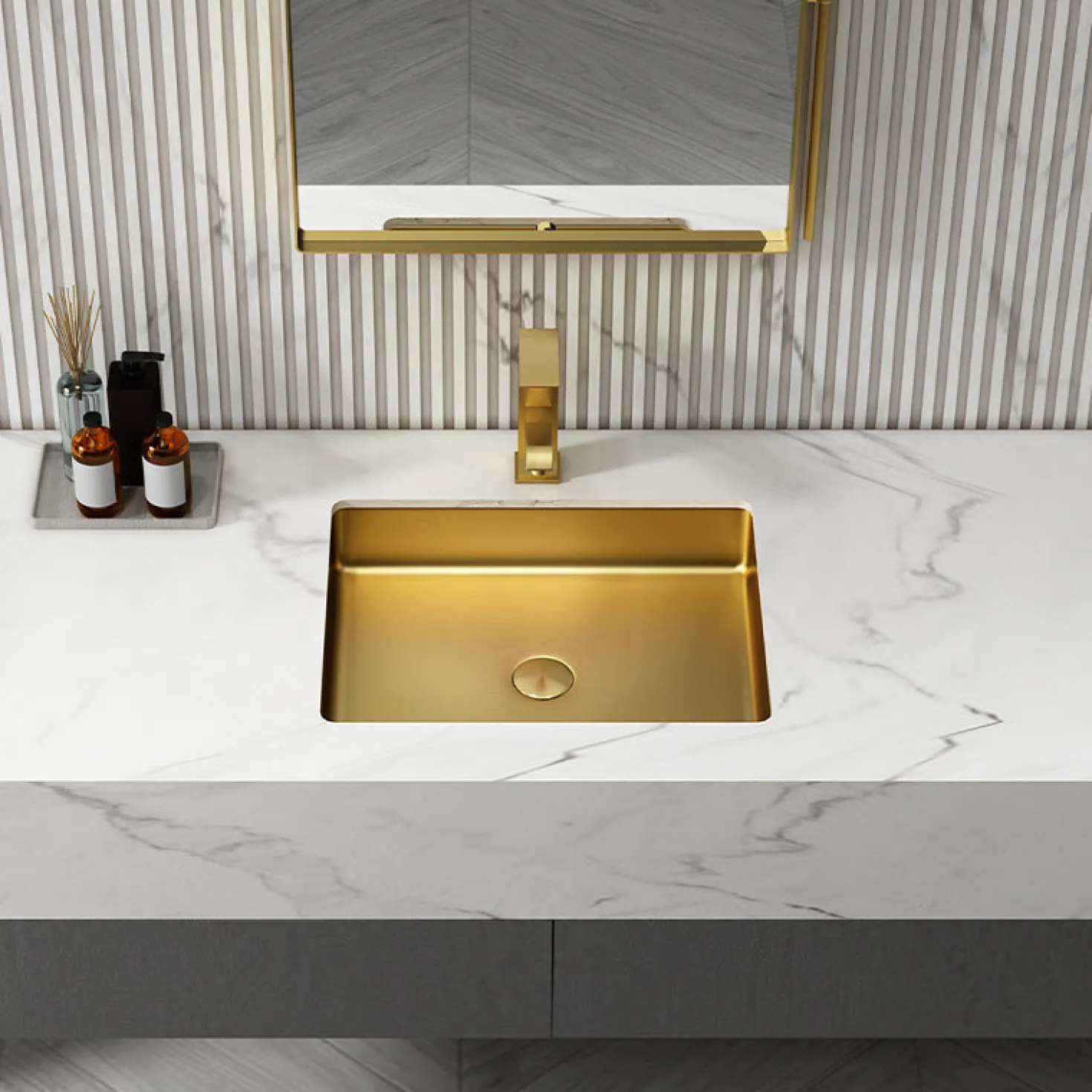 Rectangular 20" x 16" Stainless Steel Undermount Bathroom Sink with Drain in Gold
