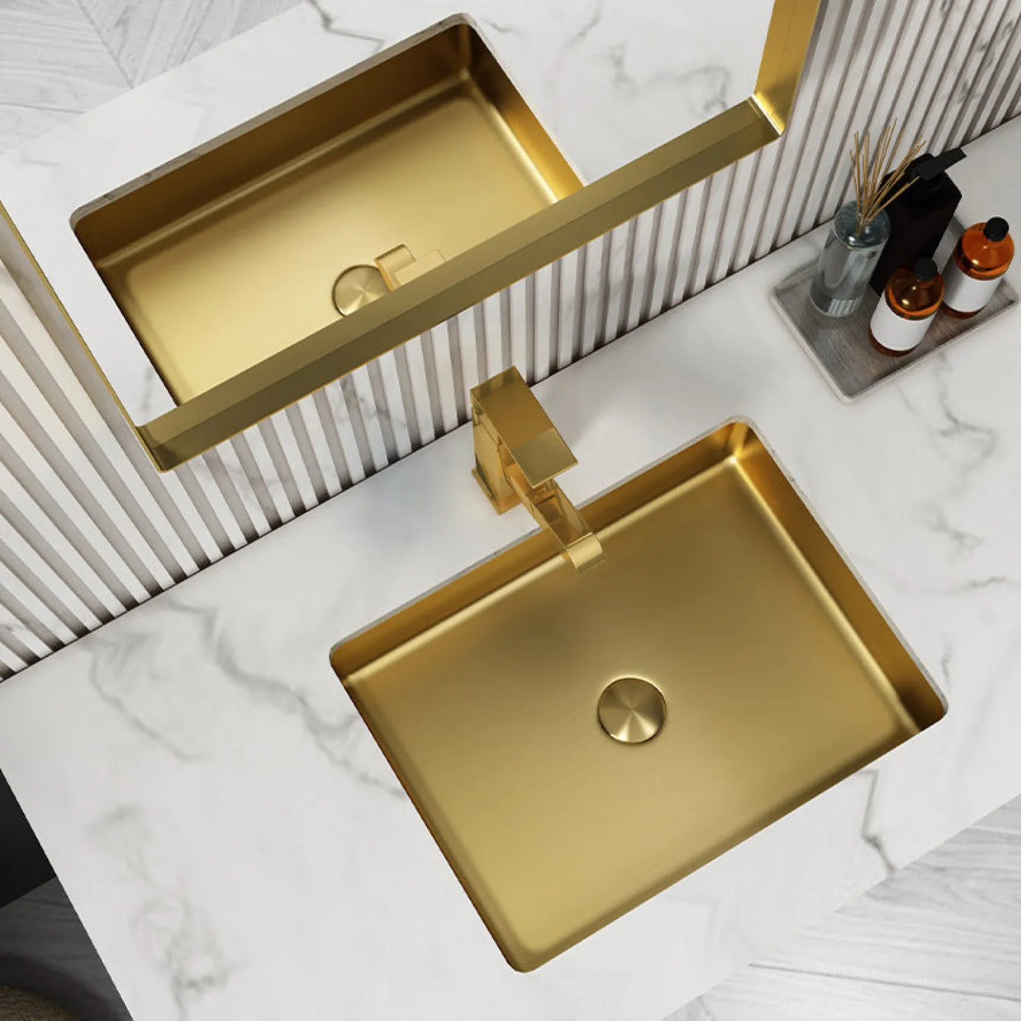 Rectangular 20" x 16" Stainless Steel Undermount Bathroom Sink with Drain in Gold