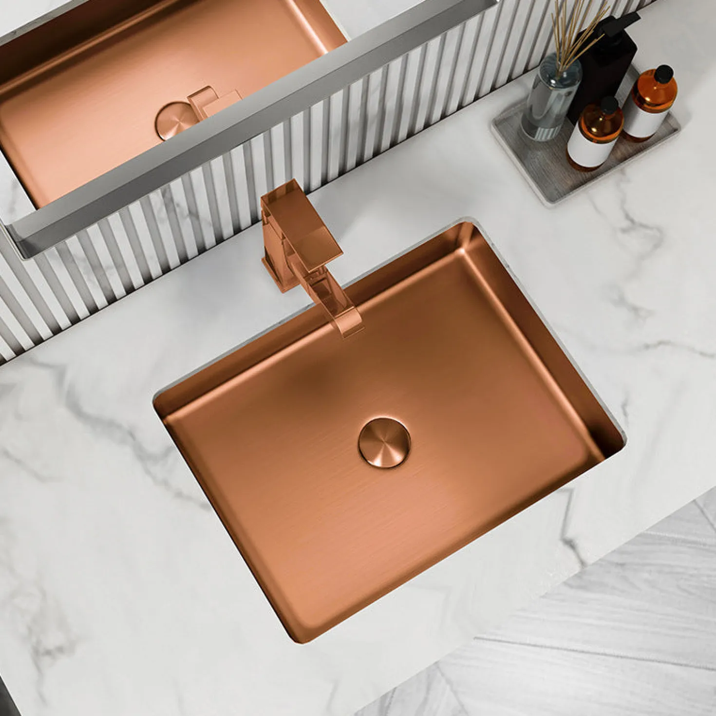 Rectangular 20" x 16" Stainless Steel Undermount Bathroom Sink with Drain in Rose Gold