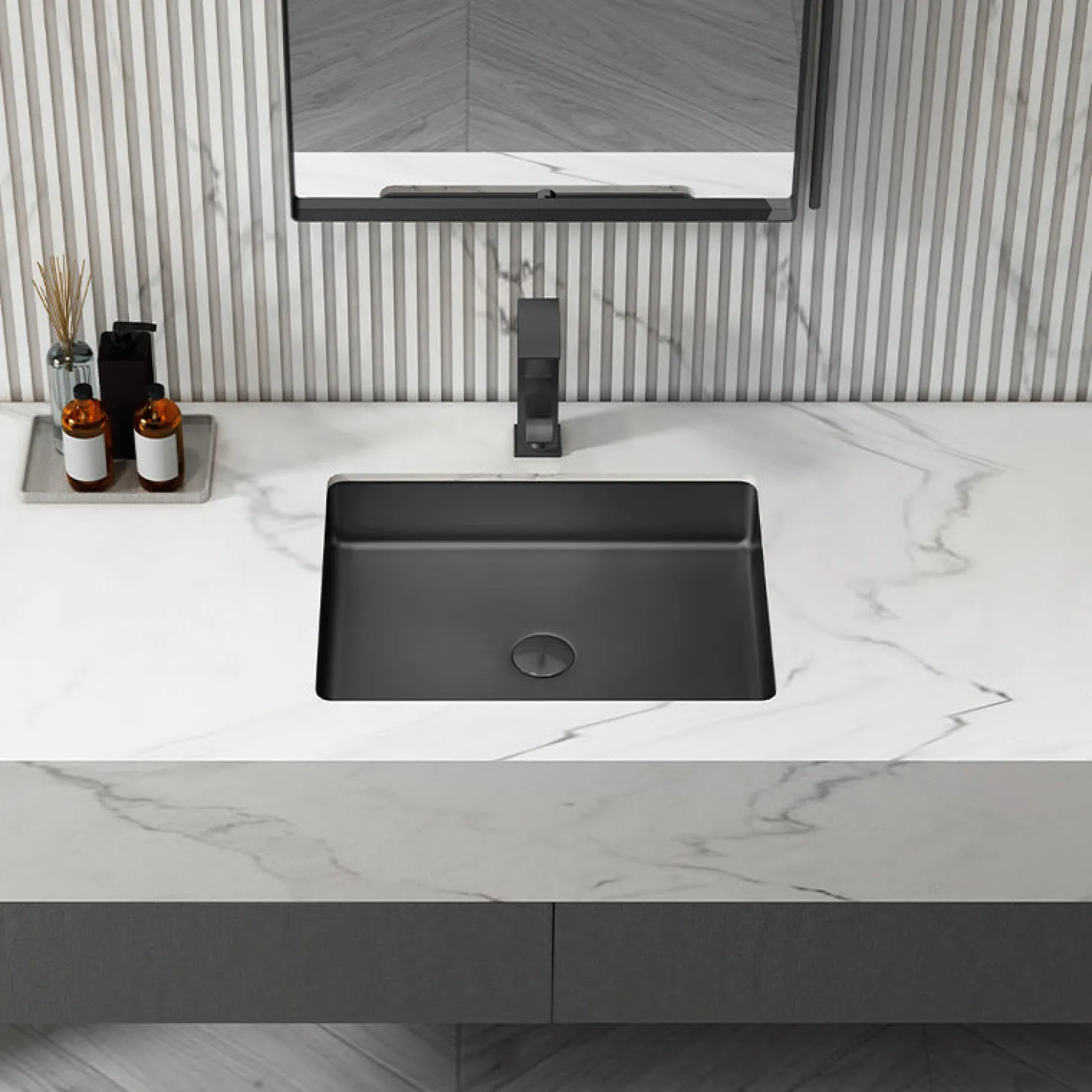 Rectangular 20" x 16" Stainless Steel Undermount Bathroom Sink with Drain in Black
