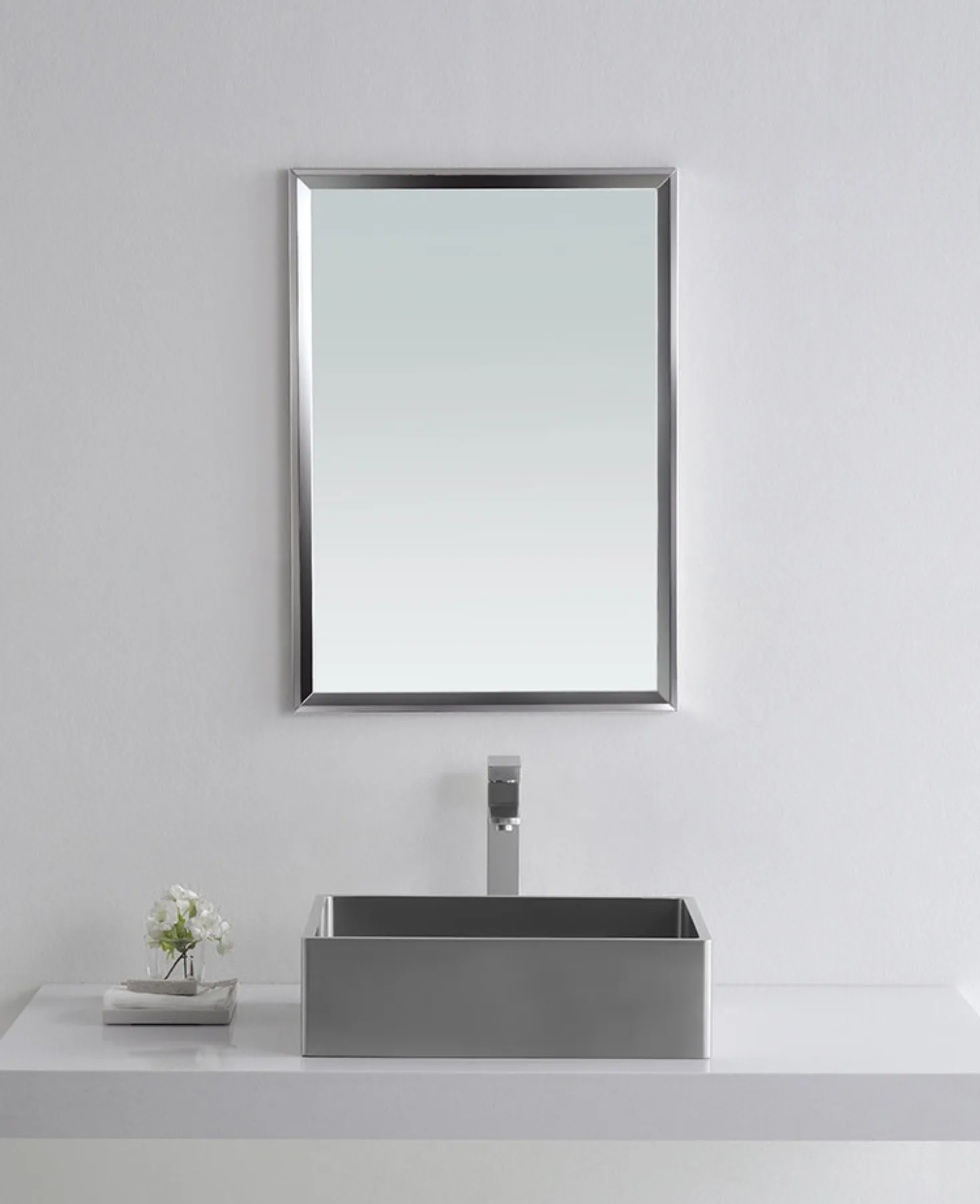 Rectangular 18 3/4" x 15 3/4" Thick Rim Stainless Steel Bathroom Vessel Sink with Drain in Silver