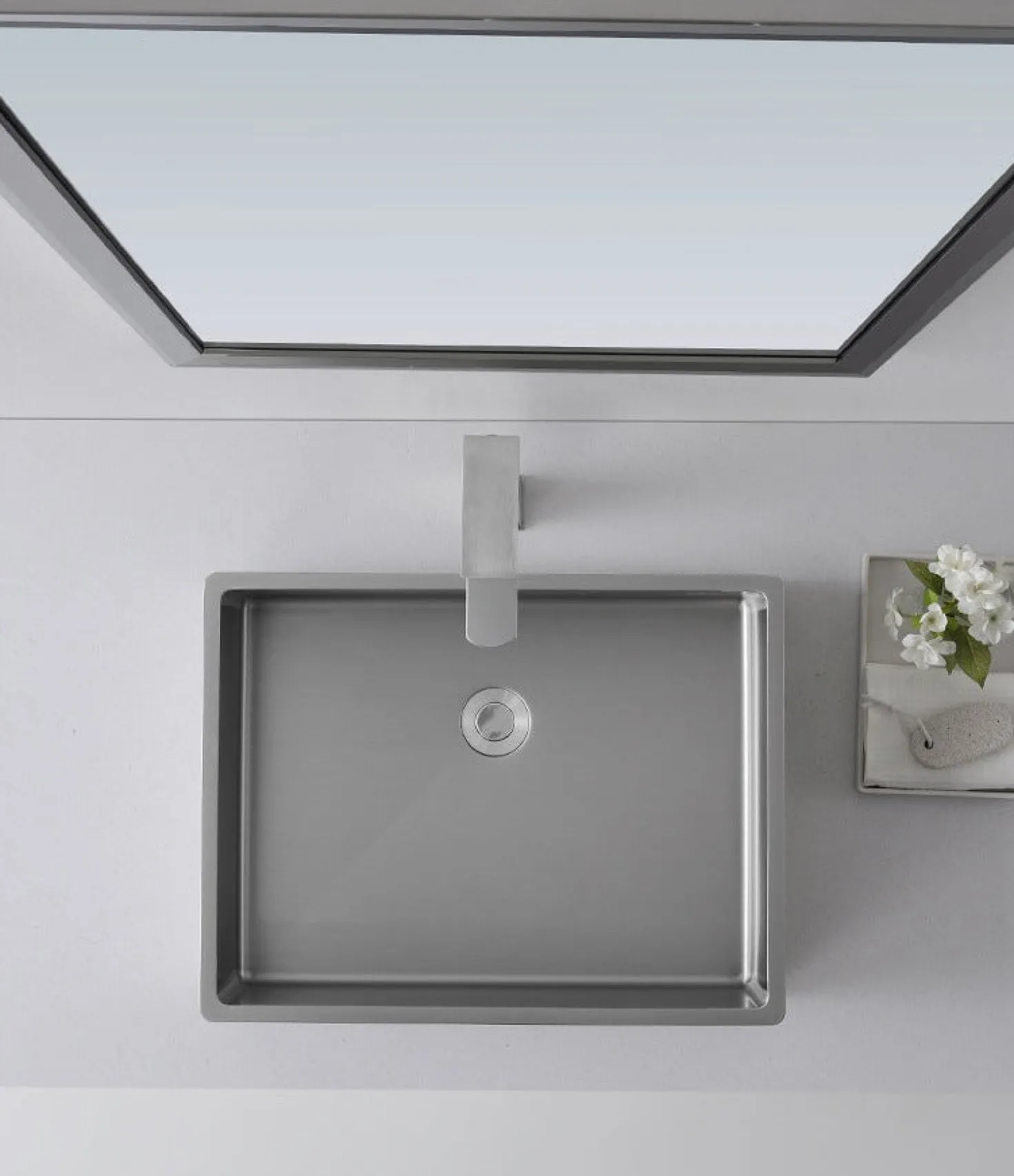 Rectangular 18 3/4" x 15 3/4" Thick Rim Stainless Steel Bathroom Vessel Sink with Drain in Silver