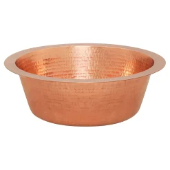 14" Round Hammered Copper Bar Sink with 2" Drain Opening in Polished Copper
