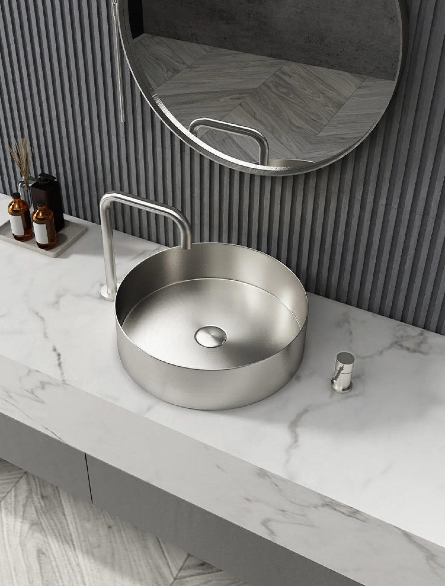 15" Round Stainless Steel Bathroom Vessel Sink with Drain in Silver