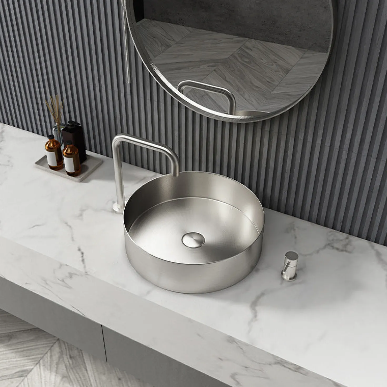 15" Round Stainless Steel Bathroom Vessel Sink with Drain in Silver