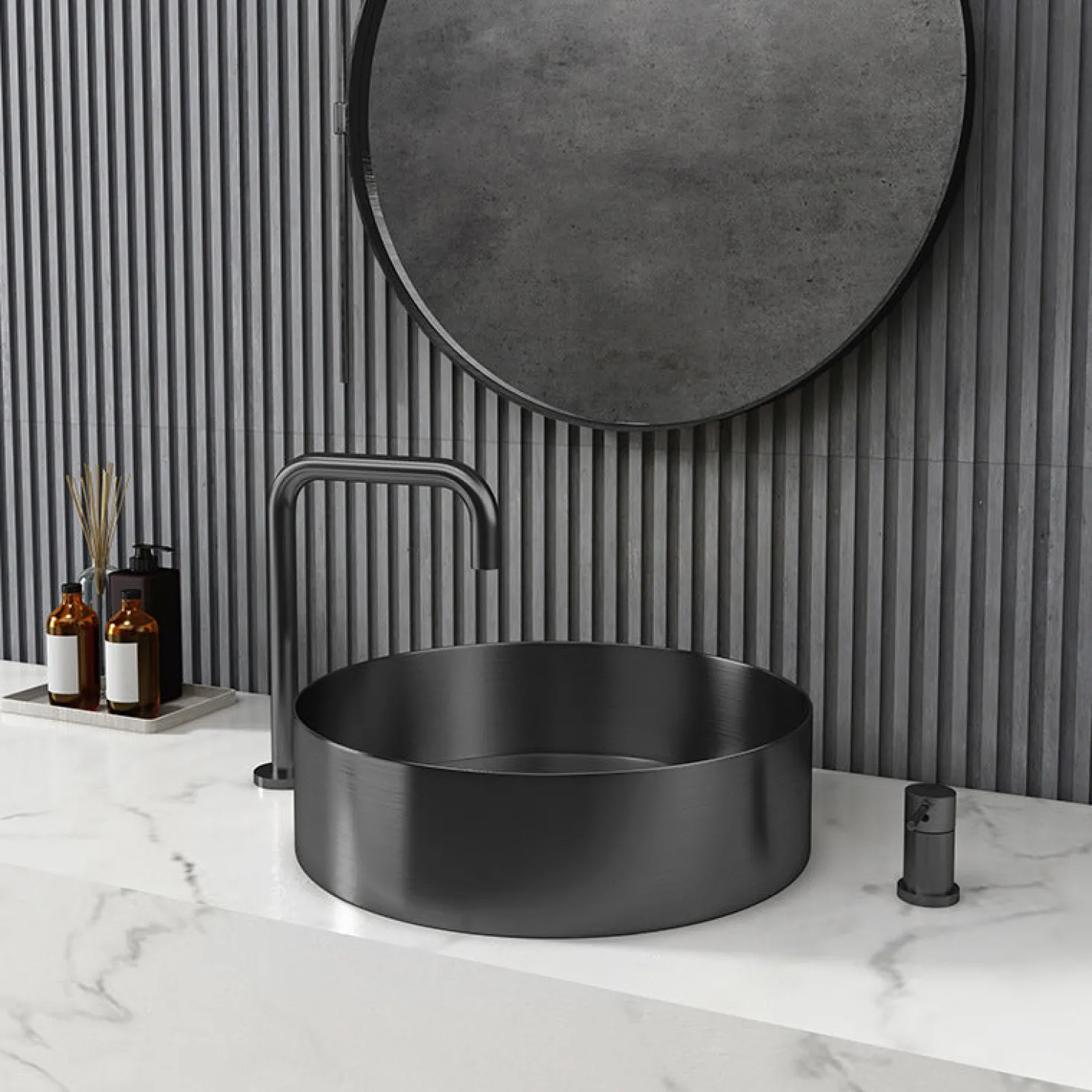 15" Round Stainless Steel Bathroom Vessel Sink with Drain in Black