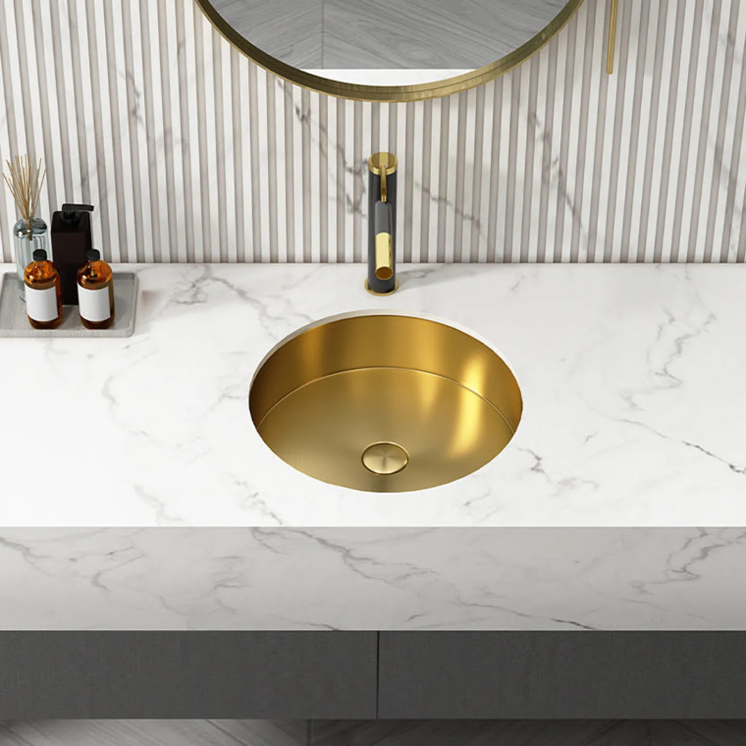 15" Round Stainless Steel Undermount Bathroom Sink with Drain in Gold